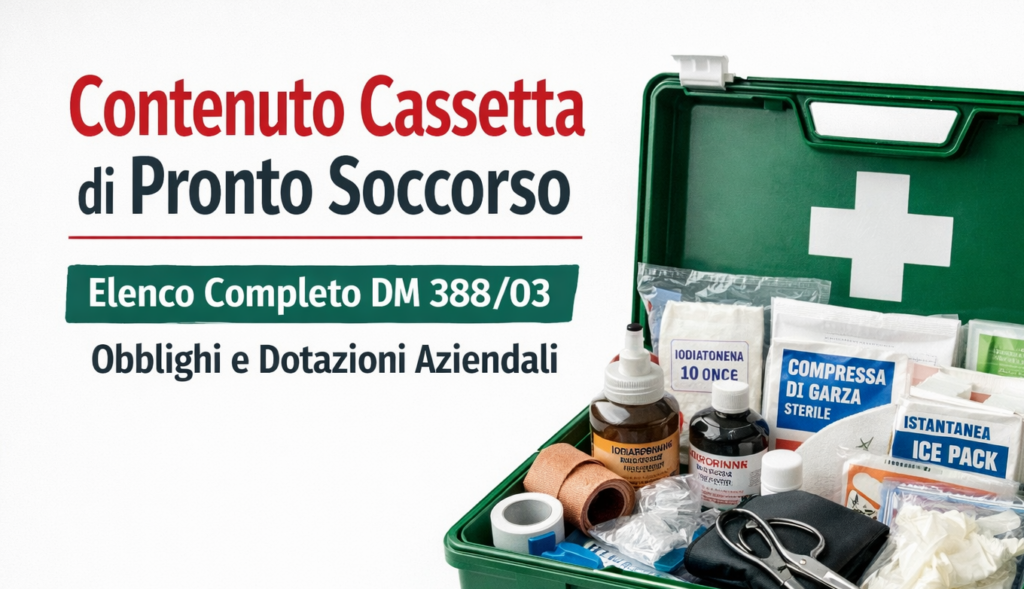 Contenuto della cassetta di pronto soccorso aziendale con presidi obbligatori secondo DM 388/03