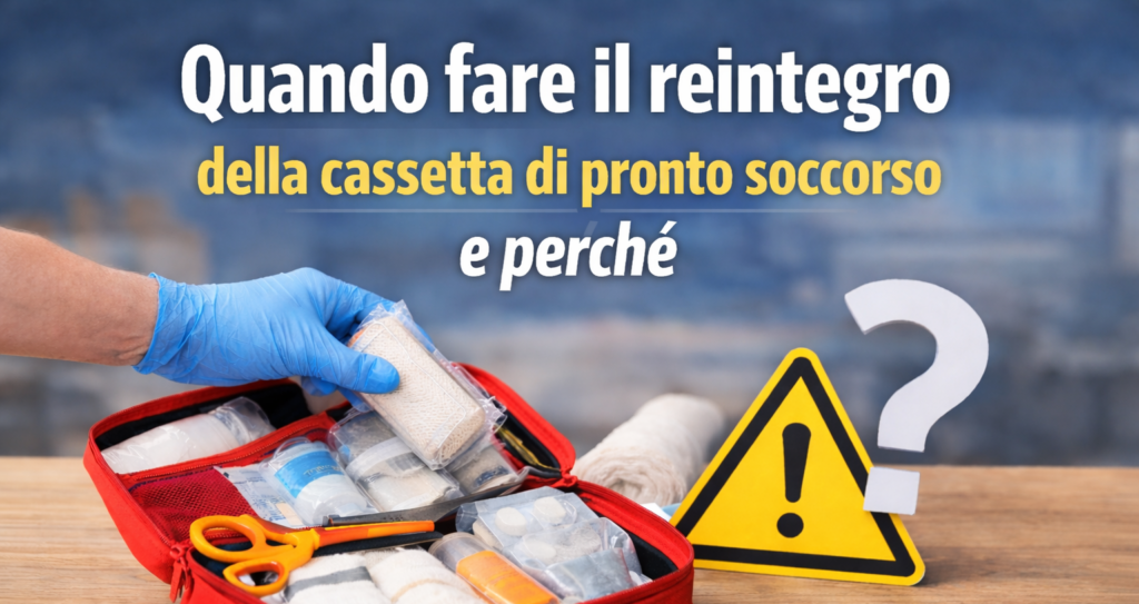 Mano che inserisce materiali nella cassetta di pronto soccorso durante il reintegro